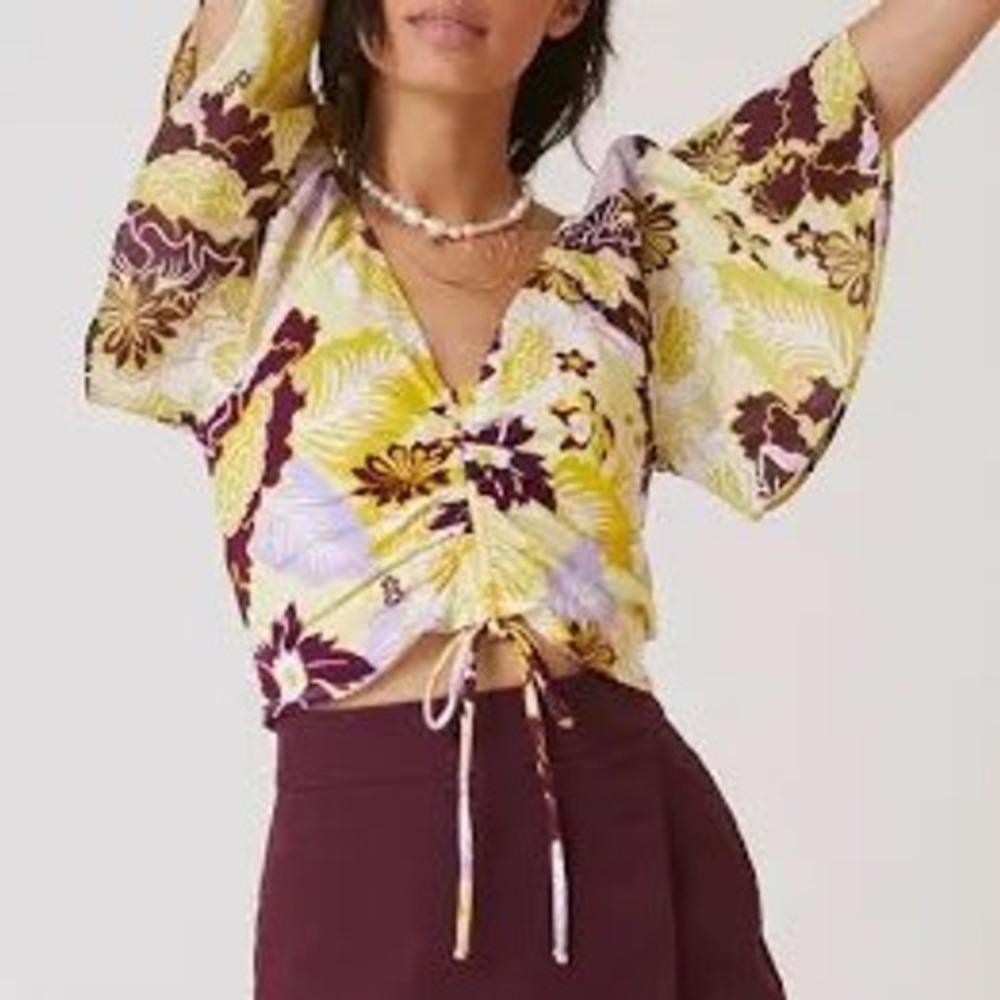 Maeve SMALL Cinched Flutter-Sleeve Top Crop Yellow Floral Anthropologie